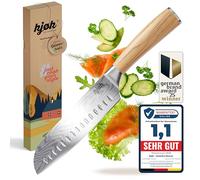 kjøk Premium Couteau japonais Santoku lame en acier 7cr de 17 cm, dureté 58±2 HRC Couteaux de cuisine professionnel avec manche ergonomique en bois d’olivier Couteau de chef chinois extra tranchant