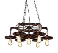 KJLARS Lustre Industriel Suspension roue Luminaire Rétro Ancien Plafonnier Vintage Lampe Éclairage de Abat-jour en Bois pour Restaurant Salon Chambre Cuisine Bar 7-lumières