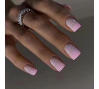 KJMWXOP Lot de 24 Faux Ongles carrés Moyens à Coller, Style French manucure, à Paillettes, cœur Bleu, Amovibles, à Couverture complète, Accessoires pour Nail Art pour Femmes et f