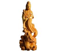 KJOLWHCQ Statue Feng Shui en Bois Massif sculpté Guan Yin Debout sur Un Dragon, déesse de la miséricorde Kwan, Bouddha Traditionnel sculpté à la Main, Feng Shui for Le Salon de la Maison