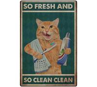 KJSKH Plaque en m tal pour chat, si frais et si propre, dr le de chat orange se brossant les dents et se lavant le visage, affiche pour la maison
