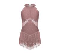 KJUUQBZL Justaucorps à franges en strass for filles, robe de patinage artistique, body for gymnastique cha-cha Tango, vêtements danse latine(Dusty Pink,10)