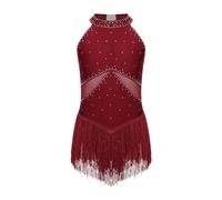 KJUUQBZL Justaucorps à franges en strass for filles, robe de patinage artistique, body for gymnastique cha-cha Tango, vêtements danse latine(Burgundy,10)