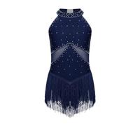 KJUUQBZL Justaucorps à franges en strass for filles, robe de patinage artistique, body for gymnastique cha-cha Tango, vêtements danse latine(Deep Blue,12)