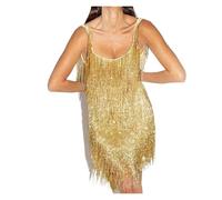 KJUUQBZL Mini Robe Sexy à Paillettes et Franges, col en V, élégante, sans Manches, Courte, for boîte de Nuit, soirée(Gold,M)