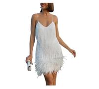 KJUUQBZL Mini Robe Sexy à Paillettes et Pompons for Femme, Bretelles Spaghetti, Coutures, élégante, soirée, Club(White,XXXL)