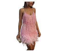 KJUUQBZL Mini Robe Sexy à Paillettes et Pompons for Femme, Bretelles Spaghetti, Coutures, élégante, soirée, Club(Pink,XX-Large)