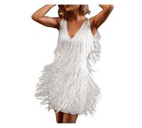 KJUUQBZL Robe Sexy à Franges et Pompons for Femme, Tenue de soirée Latine, Tango, Club, Mini, Blanche, Paillettes, Costumes scène(XL)
