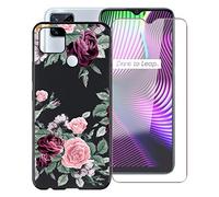 KJYF Coque pour Realme 7i RMX2193 (6.5"), avec [1 x Protecteur D'écran en Verre Trempé], Noir Antichoc Souple Silicone TPU Housse Etui, pour Realme 7i RMX2193 Cover - Rose Rouge