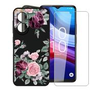 KJYFOANI Case pour Alcatel 3L 2025 (6.50") Coque + 1 Pièces Verre trempé écran Protecteur Noir Souple Silicone Protection Case Antichoc Bumper Housse Étui pour - Fleurs Roses