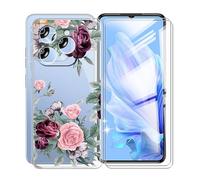 KJYFOANI Coque pour Oukitel C50 5G, 2 Pièces Verre trempé Protecteur écran, Transparente Mince Cover Souple Silicone Protection Housse Etui pour Oukitel C50 5G (6.80") - Rose Flower