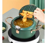 KK-GGL Friteuse verte Tempura de style janpanais avec couvercle, mini marmite domestique pour 1 à 2 personnes, friteuse profonde en acier inoxydable avec égouttoir 3,2 l