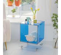 KK-GGL Table d'appoint cube en acrylique, table d'appoint transparente, petite table basse moderne, table de chevet cubique chic, petit support d'imprimante à 2 niveaux, avec roulettes, bleu