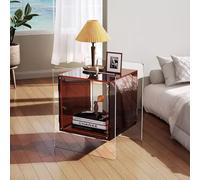 KK-GGL Table d'appoint cube en acrylique, table d'appoint transparente, petite table basse moderne, table de chevet cubique chic, petit support d'imprimante à 2 niveaux, sans roulettes, marron