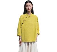 Kkaebi Chemisier Chinois en Ramie pour Femmes - Chemise D'été Hanfu en Coton Et Lin Vêtement Traditionnel Costume De Méditation avec Manches Longues Haut De Tunique Rétro (S,Jaune)
