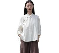 Kkaebi Chemisier chinois Ramie pour femme - Coton et lin - Chemise Hanfu d'été traditionnelle - Costume de méditation avec manches longues - Tunique rétro - Costume de méditation, blanc, S