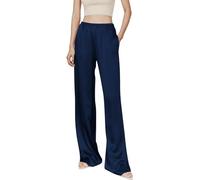 Kkaebi Pantalon en satin soyeux pour femme - Pantalon habillé à jambes larges - Taille haute élastique - Pantalon long fluide avec poches, bleu marine, S