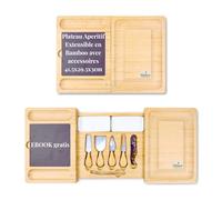 KKALYAN Planche apero en bambou extensible 41,5 × 29,5 × 3 cm - Plateau aperitif avec accessoires et eBook - Présentation élégante pour apéros et fromages - Idée cadeau crémaillère ou cadeau homme