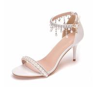 KKdhsfy 7.5CM Talons Aiguilles Peep Toe Talons Hauts Sandales Pompes Chaussures pour la soirée de fête de Mariage de mariée,Blanc,36 EU