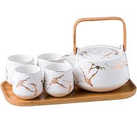 KKGUD Style Japonais Service à thé en céramique, Théière élégante et 4 Tasses à thé avec Plateau en Bois pour Home Restaurant Tea Party - Motifs de Marbre (Blanc)