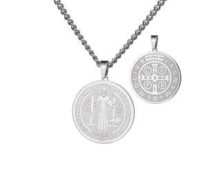 kkjoy Collier Archange Saint Michel Protégez-nous en Acier Inoxydable Collier Religieuse Saint Benoît de Nursie et Saint Cyprien Amulette de Protection Bijoux Cadeau Catholique pour Homme Femme