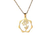 kkjoy Collier de Fleur de Naissance en Acier Inoxydable Pendentif de Fleur d'Anniversaire Bijoux pour Femme Homme(07-Juil-Nénuphar-Forme de Cercle, Or)