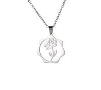 kkjoy Collier de Fleur de Naissance en Acier Inoxydable Pendentif de Fleur d'Anniversaire Bijoux pour Femme Homme(07-Juil-Nénuphar-Forme de Cercle, Argent)