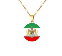 kkjoy Collier Emblème Drapeau de l'Iran en Acier Inoxydable Unisexe Pendentif Patriotique Bijoux Lion Persan et Soleil Pour Femme Homme(Forme Ronde - Drapeau et Emblème Iranien 2, Or)