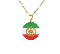 kkjoy Collier Emblème Drapeau de l'Iran en Acier Inoxydable Unisexe Pendentif Patriotique Bijoux Lion Persan et Soleil Pour Femme Homme(Forme Ronde - Drapeau et Emblème Iranien 1, Or)