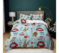 KKLDSD Housse de Couette de Noël Bleu Clair pour Enfants - Parure de Lit 240x220 Imprimée Renne et Pain D'Épice avec Taies d'oreiller, Décoration Festive pour La Maison, Douce et Légère, Taille King
