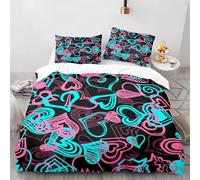 KKLDSD Housse de Couette Rose et Bleu avec Motif Cœur,Parure de Lit 240x220 avec Taies d'oreiller,Motif Graffiti dessiné À La Main,Housse de Couette en Microfibre Douce,Toutes Saisons,King