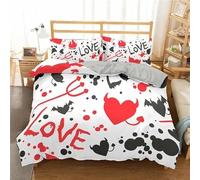 KKLDSD Housse de Couette Rouge Love,Parure de Lit 240x220 avec Taies d'oreiller et Motif Cœur Noir Abstrait,Housse de Couette en Microfibre Douce Blanche À Géométrie Moderne,Toutes Saisons,King
