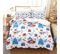 KKLDSD Parure de Lit 140x200 Traditionnelle de Noël, Motif Bonhomme de Neige et Sapin Bleu, Housse de Couette Blanche Douce avec Taies d'oreiller, pour Chambre d'enfant (Garçons et Filles).