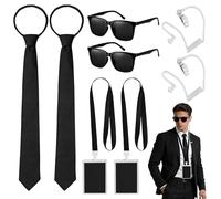 Kkluno Lot de 8 Accessoires de Costume D'Agent - Kit Costumes D'Espion - Costumade de Sécurité avec Lunettes Noires, Fermeture Éclair Cravate, Écouteurs, Carte D'identité et Porte Cartes