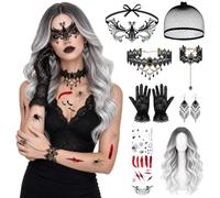 Kkluno Perruque Halloween Femme Perruque Grise Longue Ondulée et Bou kit Perruque Accessoire de Déguisement Cosplay, perruque de sorcière dégradé noir, colliers et bracelets gothiques