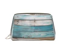 KKLWEGU Trousse de maquillage en cuir avec planche de bois de couleur bleue ancienne, étanche, petite pochette de maquillage à fermeture éclair, trousse de toilette de voyage portable pour femmes et