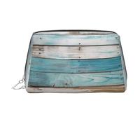 KKLWEGU Trousse de maquillage en cuir avec planche de bois de couleur bleue ancienne, étanche, petite pochette de maquillage à fermeture éclair, trousse de toilette de voyage portable pour femmes et