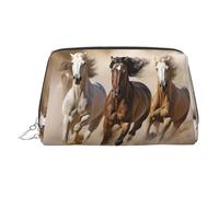 KKLWEGU Trousse de maquillage en cuir étanche avec trois chevaux en cours d'exécution - Petite pochette de maquillage à fermeture éclair - Trousse de toilette de voyage pour femmes et filles, Argenté