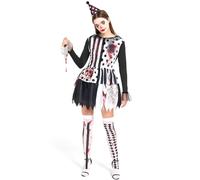 KKSJK Costume de Clown Femme, Déguisement Clown Tueur Effrayant avec Robe Noir et Blanc, Chapeau, Chaussettes Montantes et Poignard, Costume Bouffon Adulte pour Halloween Dress Up Cosplay Fêtes (M)