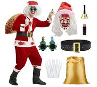 KKSJK Deguisement Terrifier Adulte, 11 Pièces Costume Halloween Clown Horreur, Tueur Clowns Déguisés en Père Noël avec Masque et Perruque, Costume Terrifier 3 Movie pour Homme Halloween Cosplay (XL)