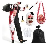 KKSJK Deguisement Terrifier Adulte, 7 Pièces Costume Halloween Clown Horreur, Déguisement Clown Tueur avec Combinaison et Masque, Costume Terrifier 3 Movie pour Homme Halloween Carnaval Cosplay (XXL)