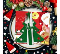KKSTOTO Porte Range Couverts Noël, Deco Table Noel, 12 PCS Porte Couvert Noël et 20 PCS Serviettes, Titulaires Vacances Père Fourchette Cuillère Sac de Rangement Dîner Décoration pour Table