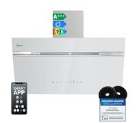 KKT KOLBE AURORA9005WED Hotte aspirante 90 cm 782 m³/h à recirculation d'air évacuée, hotte murale, en verre blanc argenté, avec suivi automatique, application Smart WiFi Wi-Fi, SensorTouch, éclairage