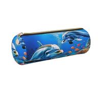 kkvhhyuo Belle trousse à crayons ronde portable en cuir imprimé dauphins du monde sous-marin avec fermeture éclair dorée multifonction pour adolescentes, filles et garçons, doré, One Size, Organiseur