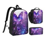 kkvhhyuo Ensemble sac à dos d'école avec sac à dos de 43,2 cm, sac à déjeuner et trousse à crayons pour adolescents, filles, garçons, sac à dos de voyage léger, Papillons violets, One Size, Imprimé