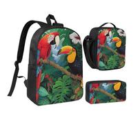 kkvhhyuo Ensemble sac à dos d'école imprimé orchidées avec sac à dos de 43,2 cm, sac à déjeuner et trousse à crayons pour adolescents, filles, garçons, sac à dos léger, Ara et toucan perché des forêts