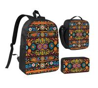 kkvhhyuo Ensemble sac à dos d'école imprimé orchidées avec sac à dos de 43,2 cm, sac à déjeuner et trousse à crayons pour adolescents, filles, garçons, sac à dos léger, Art folk mexicain bohème, One