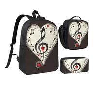 kkvhhyuo Ensemble sac à dos d'école léger de 43,2 cm, sac à déjeuner et trousse à crayons pour adolescents, filles, garçons, clés de piano avec notes de musique imprimées, Symboles de musique amour