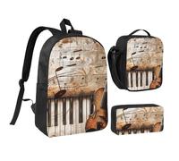 kkvhhyuo Ensemble sac à dos d'école, sac à dos de 43,2 cm, sac à déjeuner et trousse à crayons pour adolescents, filles, garçons, sac à dos léger de voyage, Notes de musique pour piano et violon, One