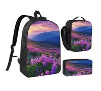 kkvhhyuo Ensemble sac à dos d'école, sac à dos de 43,2 cm, sac à déjeuner et trousse à crayons pour adolescents, filles, garçons, rose, gris, blanc, Paysage de montagnes et prairies, fleurs violettes